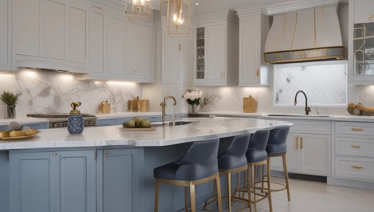A modern kitchen renovation featuring sleek cabinetry, marble countertops, and warm natural light.