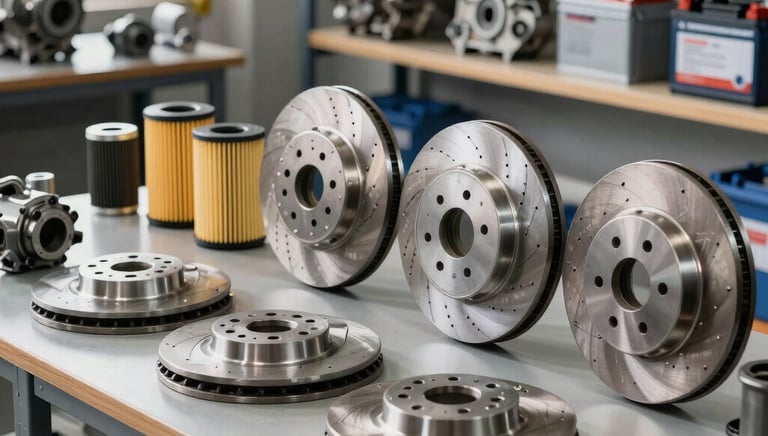 Photo of a mechanic's hands holding a car engine part in a well-organized workshop.