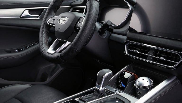 Image showing a display of automotive accessories like seat covers, floor mats, and steering wheel covers.
