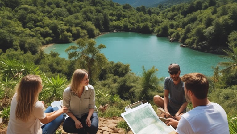 Cyclists riding through scenic countryside trails surrounded by green fields and hills.
