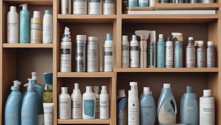 Shelves stocked with various commercial cleaning supplies and equipment.