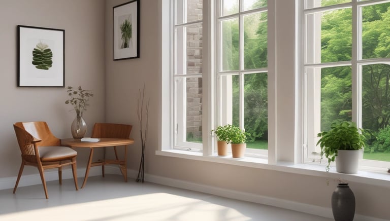 A clean office building with shiny windows reflecting the blue sky.