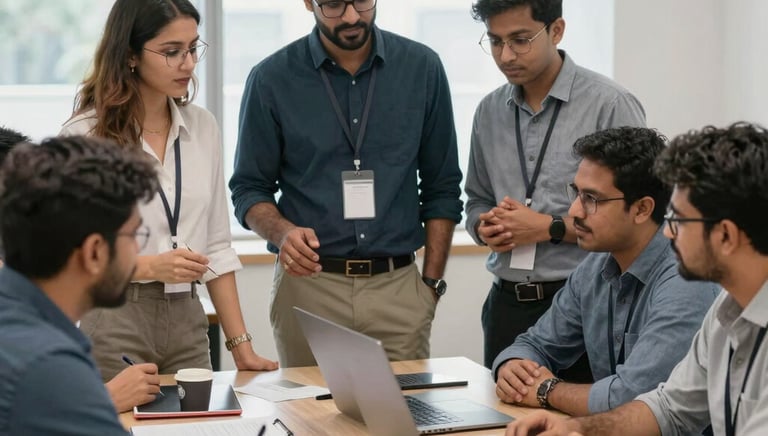 Business professionals discussing IT strategy around a conference table.