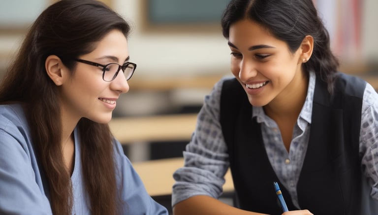 Woman helps girl with homework at desk.