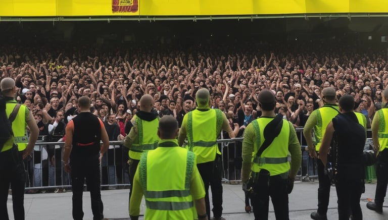 Security personnel managing a large crowd at an outdoor event during sunset.