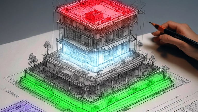 a person drawing a building with a pencil and a pencil