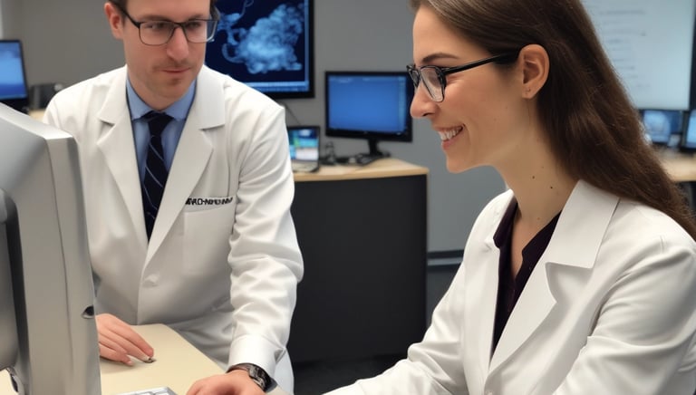 Data scientists collaborating over complex machine learning algorithms on screens.