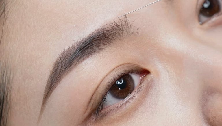 Close-up of a client receiving expert eyebrow shaping with tweezers in a cozy salon setting.