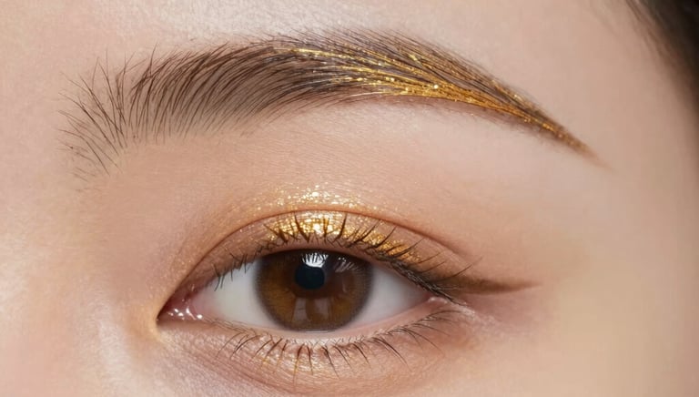 A stylist carefully applying tint to a client's eyebrows under soft salon lighting.