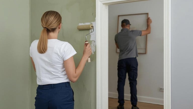a lady painting a wall and a man hanging a picture