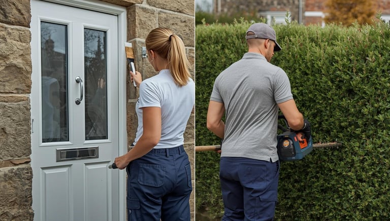 a woman painting a front door and a man trimming a hedge