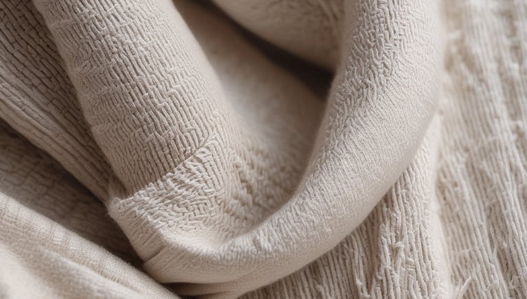 Stacks of folded woven and knitted fabrics in a bright warehouse setting.