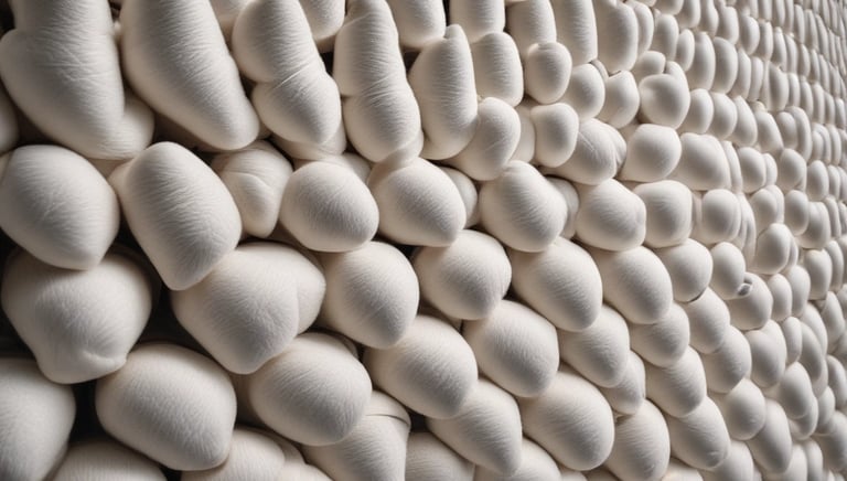 Close-up of colorful cotton and synthetic yarn spools arranged neatly.