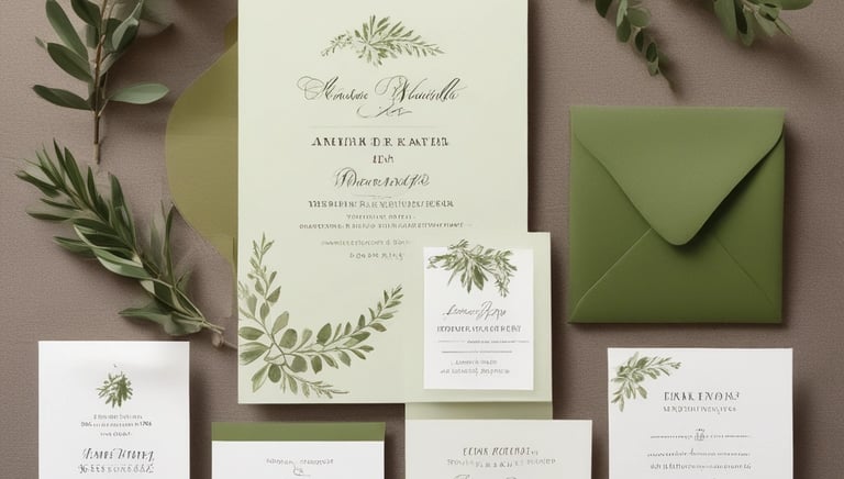Colorful custom invitation cards with playful designs and elegant typography on a wooden table.