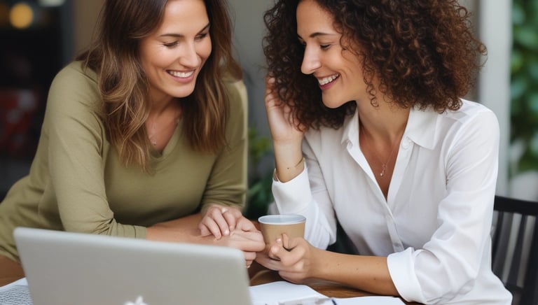 A confident woman founder speaking with a mentor during a coaching session.