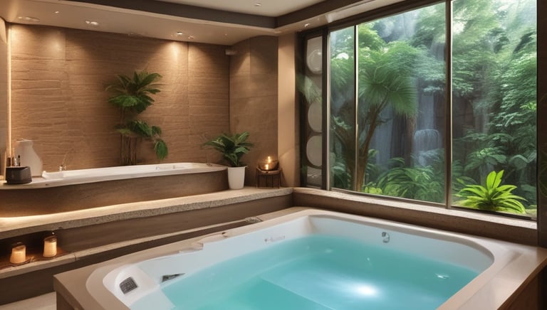 A cozy jacuzzi room with bubbling water and soft ambient lighting.