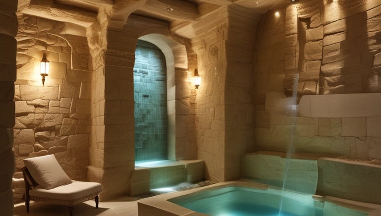 A serene Turkish hammam room with warm lighting and marble interiors.