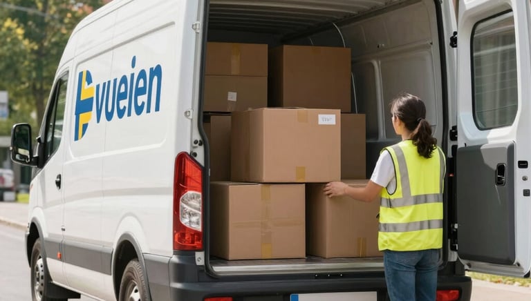 Movers carefully carrying furniture down a bright apartment stairwell.