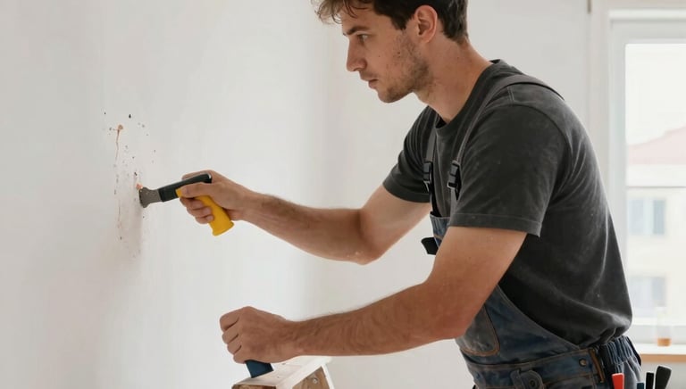A craftsman painting a wooden wall inside a cozy home.