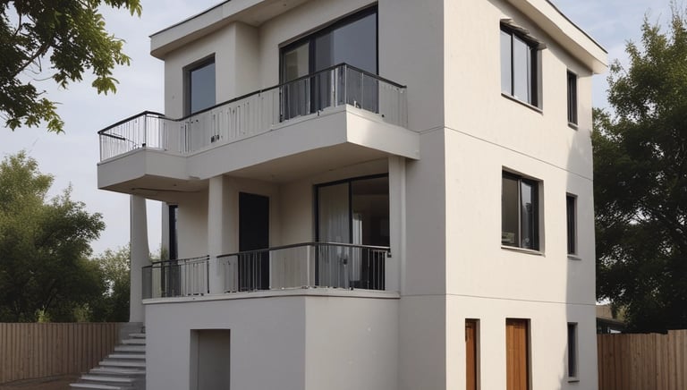 A modern residential building with well-maintained landscaping under a clear sky.