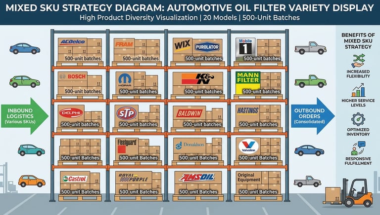 Mixed SKU strategy diagram showing 20 different oil filter models in 500-unit testing batches