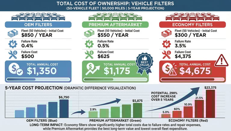 Total cost of ownership comparison showing OEM, premium, and economy filter costs over 50,000 miles