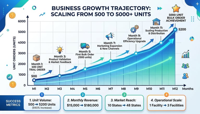 Growth trajectory chart showing business scaling from 500-unit trial orders to 5000-unit bulk orders