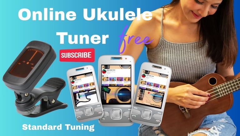 Woman using a free online ukulele tuner on a smartphone for standard tuning.