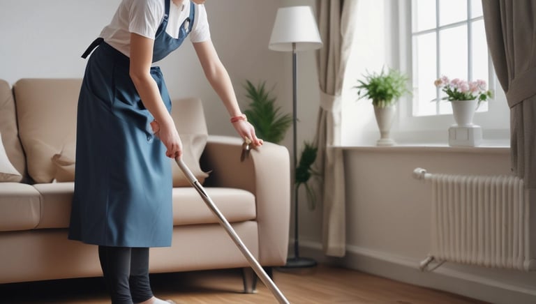 Sunlit room with open windows and a cleaner scrubbing surfaces, surrounded by cleaning supplies.