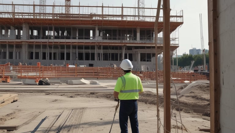 A vibrant construction site showing workers installing eco-friendly materials surrounded by greenery.