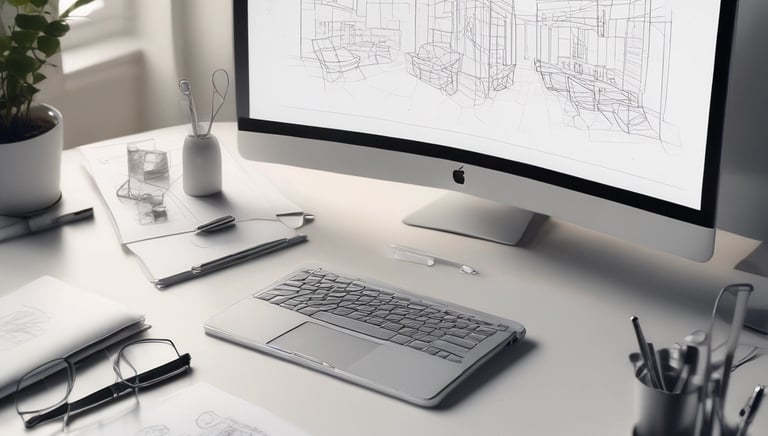 A futuristic workspace showing multiple design concepts floating around a user.