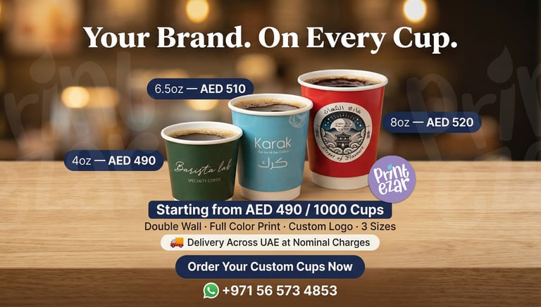 Custom double wall paper cups UAE: 4oz, 6.5oz, 8oz branded cup printing.