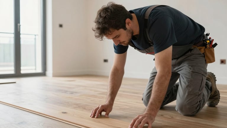 Technician carefully applying patterned wallpaper on a smooth wall surface.