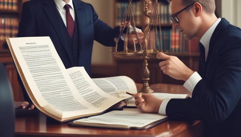 A professional lawyer discussing documents with a client in a cozy office setting.