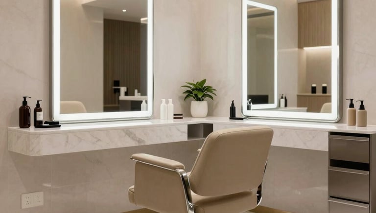 A welcoming reception area with cream and black tones, featuring a digital sign-up tablet on the counter.