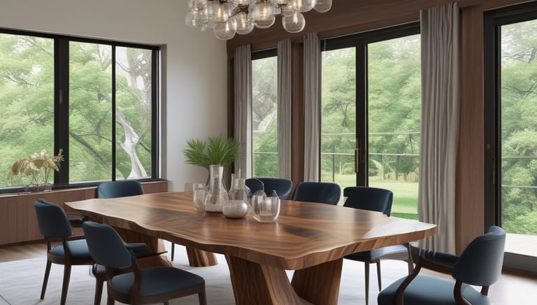 a dining room table with a wooden table and chairs