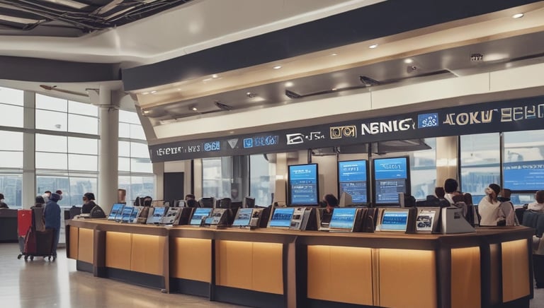 A happy traveler checking flight options on a laptop with a cup of coffee nearby.