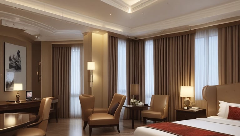 Cozy hotel room with a large window showing a beautiful cityscape at sunset.