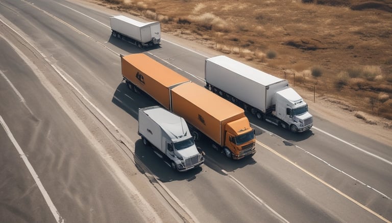 Dry box trucks loaded and ready for transport on a highway.
