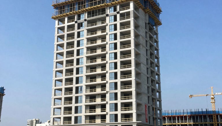 A modern family home under construction with workers installing windows on a sunny day.