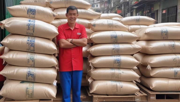Bags of fortified rice stacked in a warehouse ready for distribution