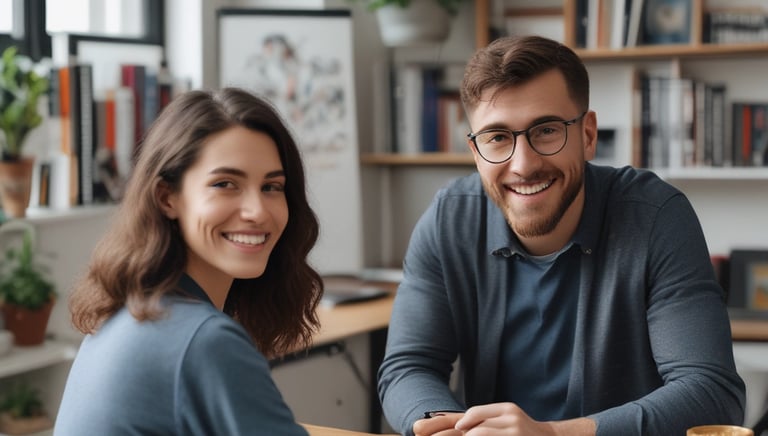 A smiling coach and client sharing ideas over coffee in a cozy, bright room.