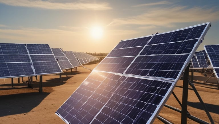 Rows of sleek solar panels gleaming under a bright, clear sky on a sunny day.