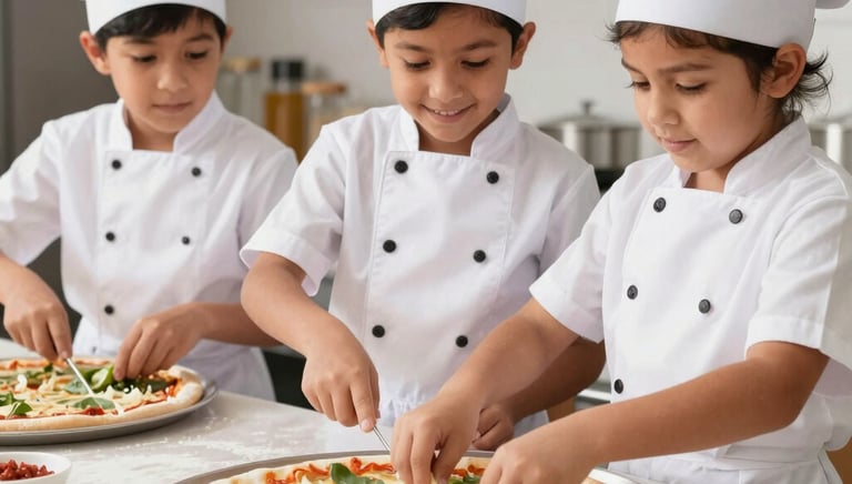 Happy children making their own pizzas with fresh ingredients on wooden table