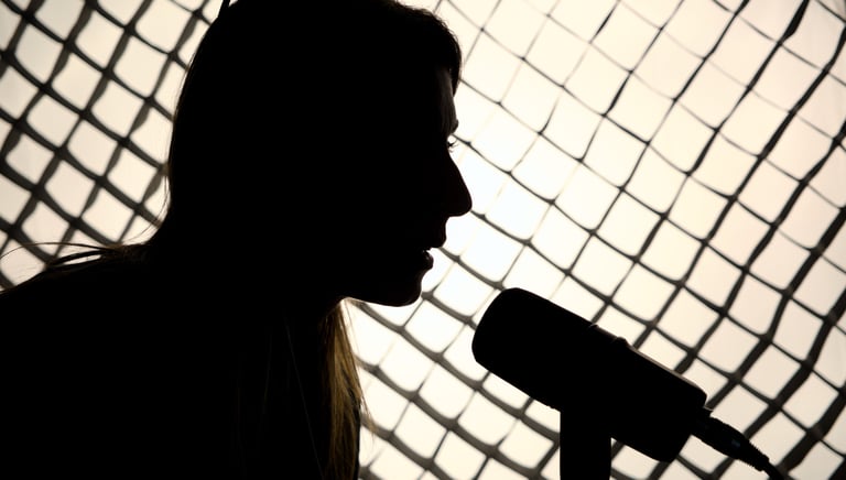 Silhouette of a female podcaster speaking into a microphone against a lit studio grid background.