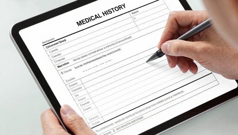 A patient using a stylus to fill out a digital medical history form on a tablet.