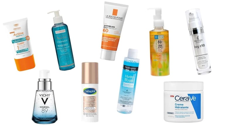 Flat lay of popular skincare products including La Roche-Posay sunscreen, Vichy serum, and CeraVe moisturizer.