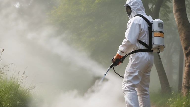 Outdoor scene showing fumacê being applied in a commercial area to control mosquitoes.