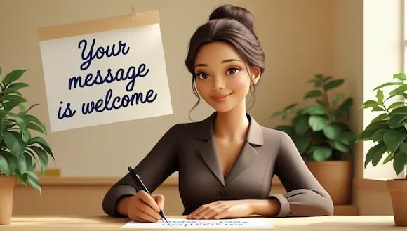 A Secretary at a desk with a sign above Your message is welcome