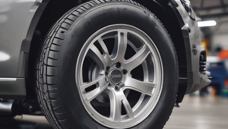 Close-up of a mechanic replacing brake pads on a truck wheel.